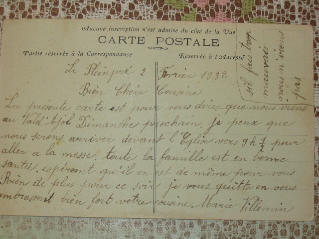 Texte de la vieille carte, signé par Marie Villemin, soeur jumelle d'Eugène